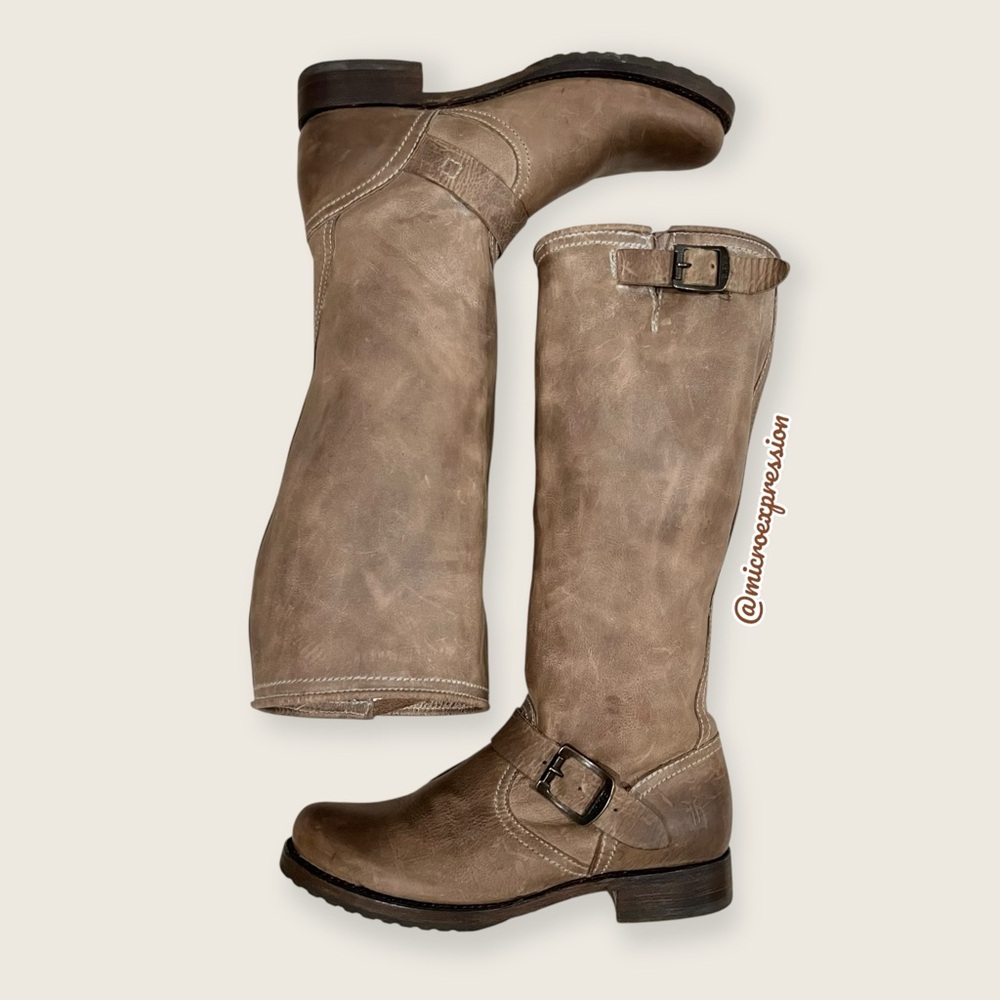 $399 Frye Veronica Slouch Tan Distressed Leather Engineer Moto Tall Buckle Boot - Picture 16 of 16